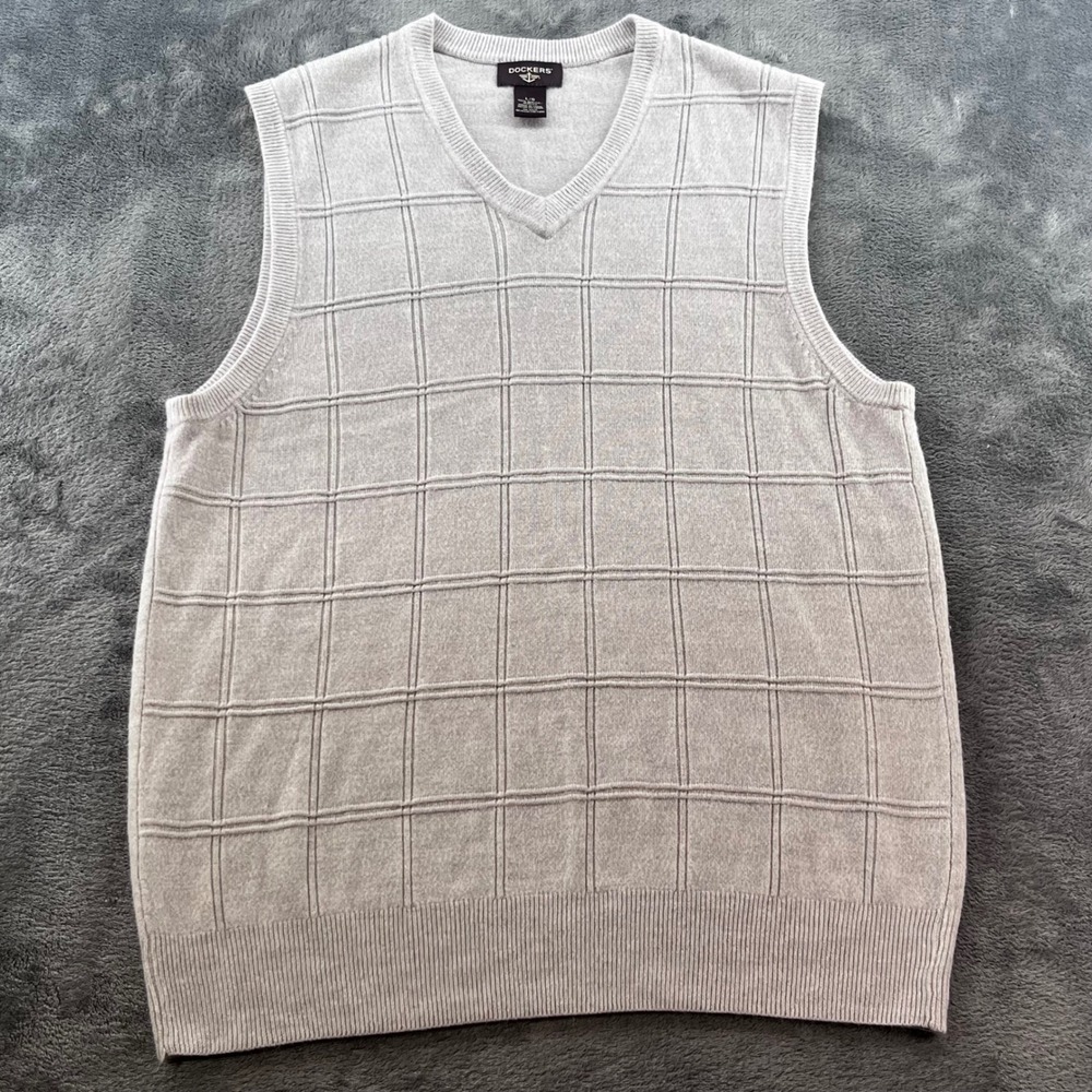 Dockers Mens V-Neck Sweater Vest Light Gray Grid Textured Knit Size Large